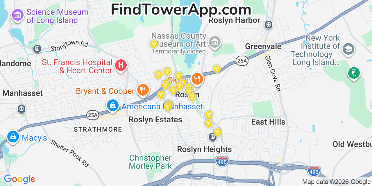 Map showing the 20 primary cell tower locations detected in Roslyn, New York from AT&T, Verizon, and T-Mobile networks