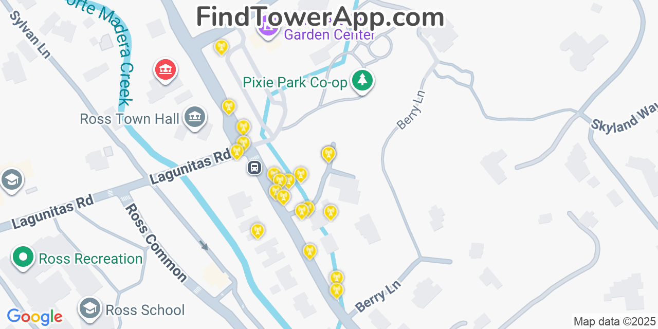 Map showing the 20 primary cell tower locations detected in Ross, California from AT&T, Verizon, and T-Mobile networks