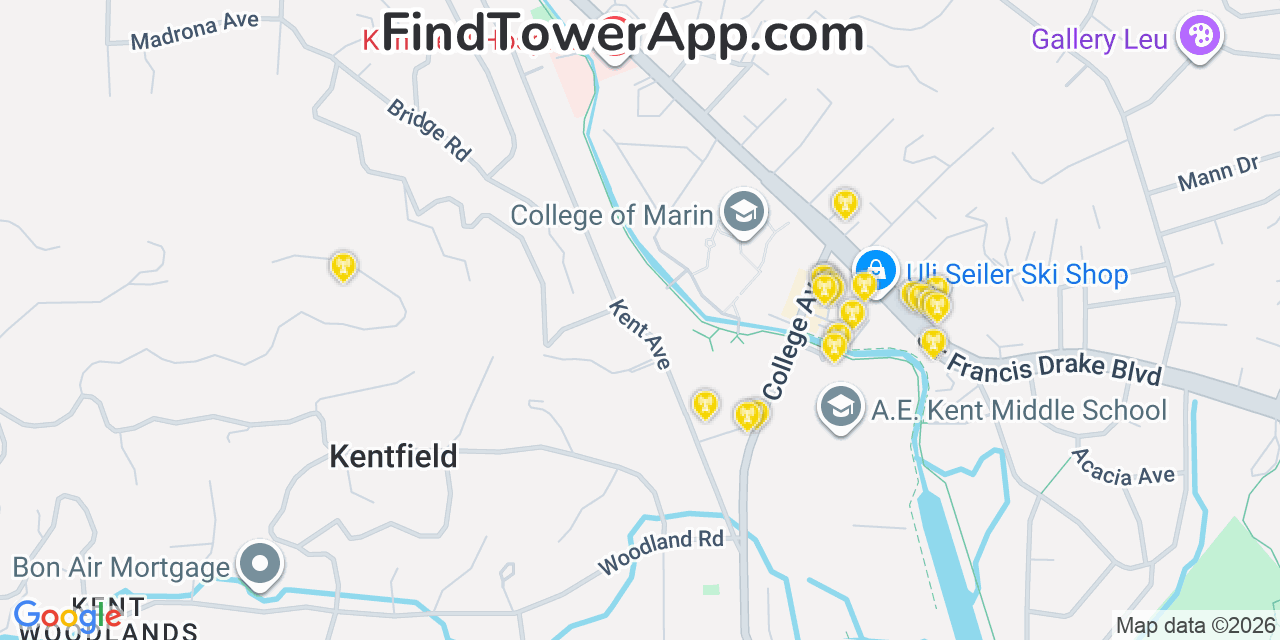 Map showing the 20 primary cell tower locations detected in Ross, California from AT&T, Verizon, and T-Mobile networks