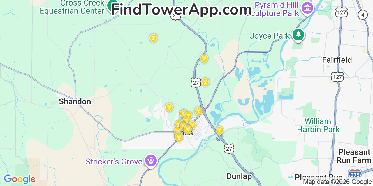 Map showing the 20 primary cell tower locations detected in Ross, Ohio from AT&T, Verizon, and T-Mobile networks