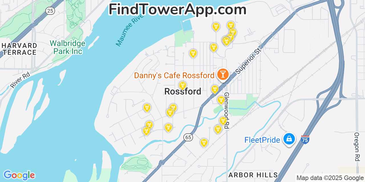 Map showing the 20 primary cell tower locations detected in Rossford, Ohio from AT&T, Verizon, and T-Mobile networks