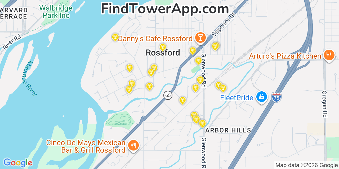 Map showing the 20 primary cell tower locations detected in Rossford, Ohio from AT&T, Verizon, and T-Mobile networks