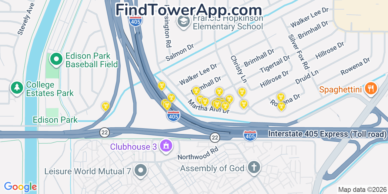 Map showing the 20 primary cell tower locations detected in Rossmoor, California from AT&T, Verizon, and T-Mobile networks
