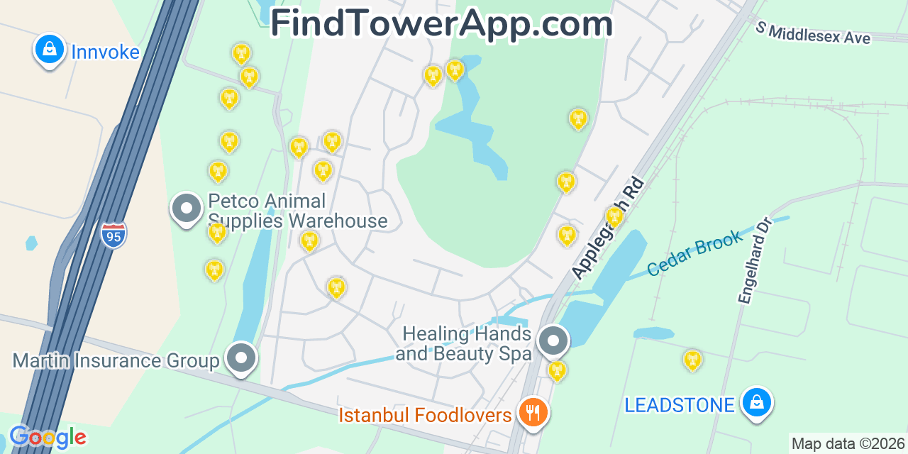 Map showing the 20 primary cell tower locations detected in Rossmoor, New Jersey from AT&T, Verizon, and T-Mobile networks