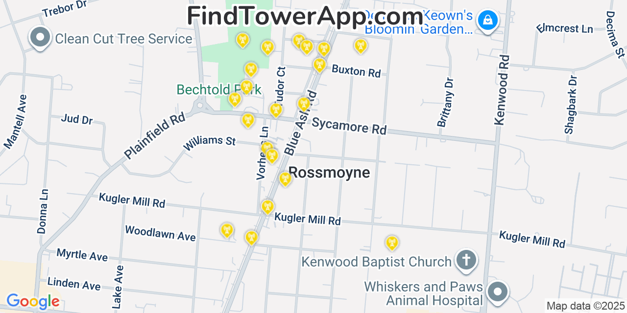 Map showing the 20 primary cell tower locations detected in Rossmoyne, Ohio from AT&T, Verizon, and T-Mobile networks