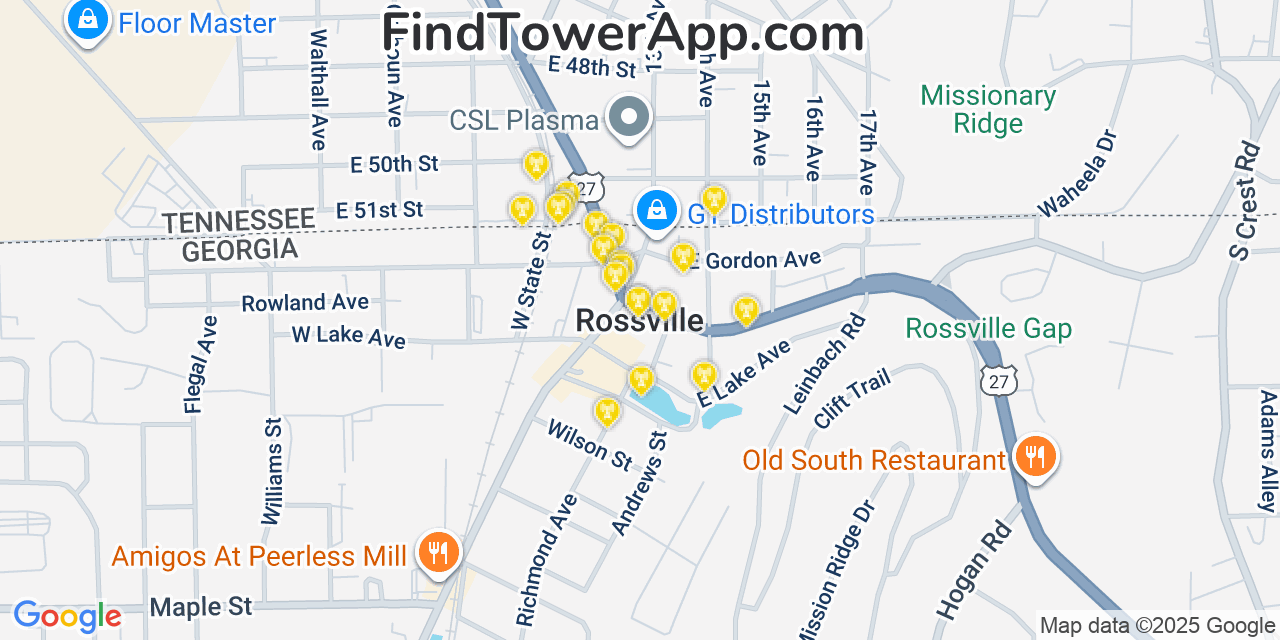 Map showing the 20 primary cell tower locations detected in Rossville, Georgia from AT&T, Verizon, and T-Mobile networks