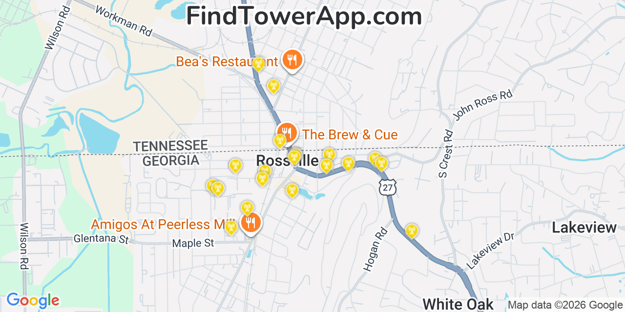 Map showing the 20 primary cell tower locations detected in Rossville, Georgia from AT&T, Verizon, and T-Mobile networks