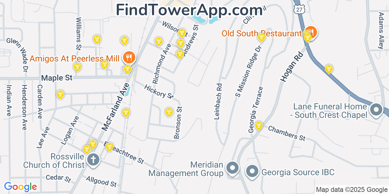 Map showing the 20 primary Mobitel cell tower locations detected in Rossville, Georgia with coverage radius and signal strength indicators