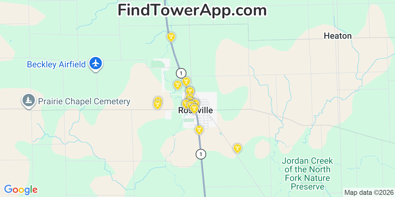 Map showing the 20 primary cell tower locations detected in Rossville, Illinois from AT&T, Verizon, and T-Mobile networks
