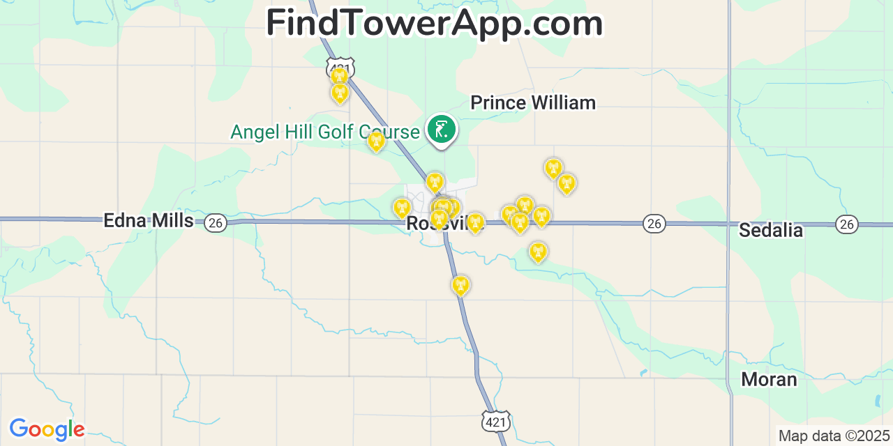 Map showing the 20 primary cell tower locations detected in Rossville, Indiana from AT&T, Verizon, and T-Mobile networks