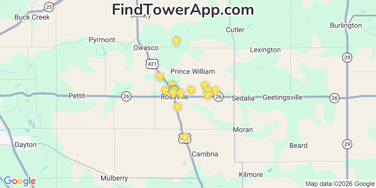 Map showing the 20 primary cell tower locations detected in Rossville, Indiana from AT&T, Verizon, and T-Mobile networks