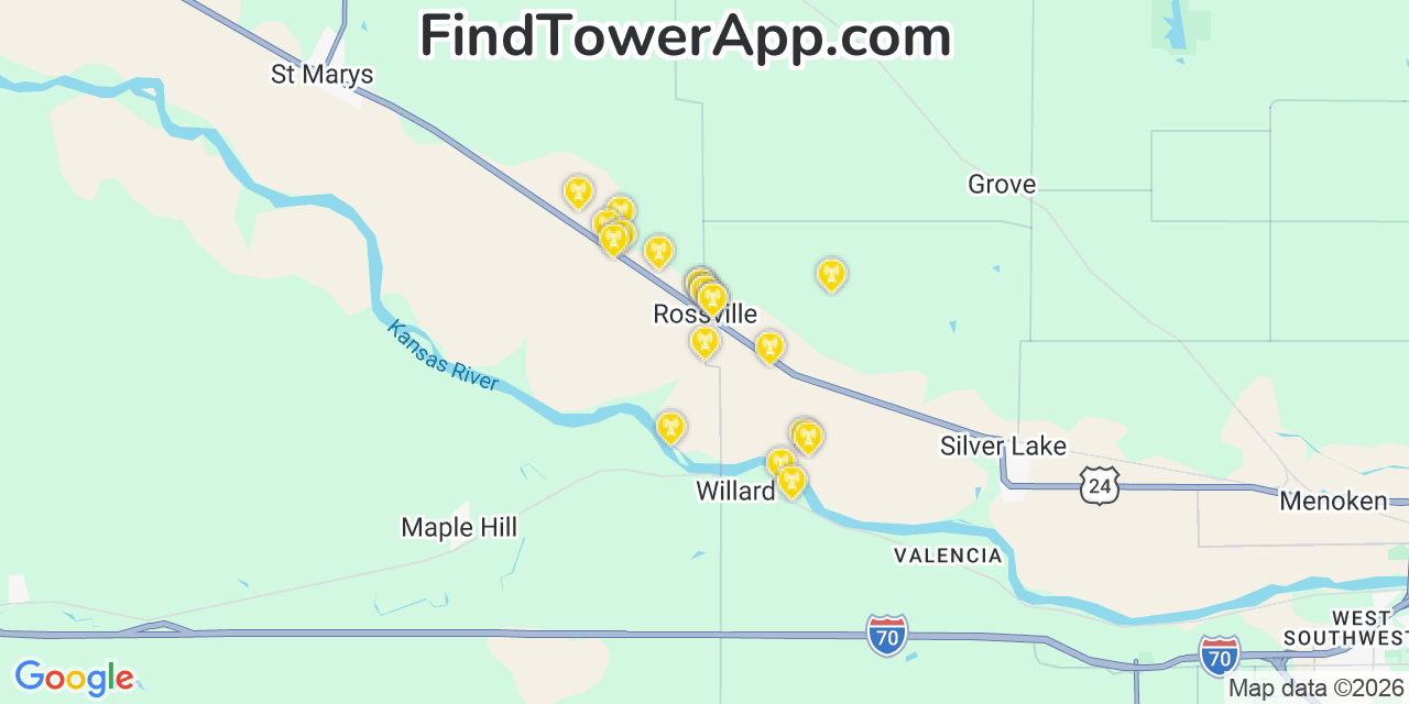 Map showing the 20 primary cell tower locations detected in Rossville, Kansas from AT&T, Verizon, and T-Mobile networks