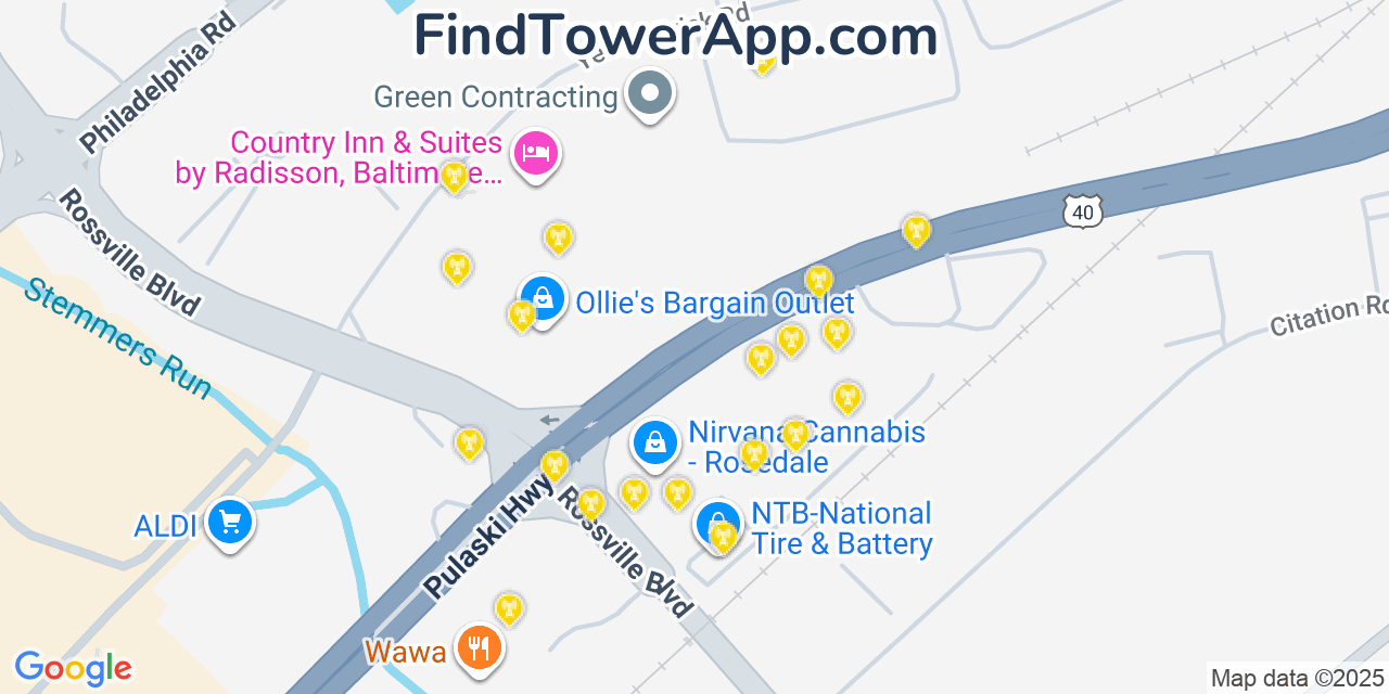 Map showing the 20 primary cell tower locations detected in Rossville, Maryland from AT&T, Verizon, and T-Mobile networks