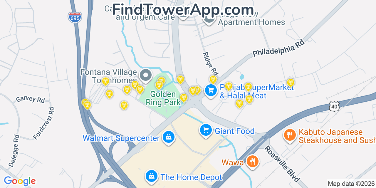 Map showing the 20 primary cell tower locations detected in Rossville, Maryland from AT&T, Verizon, and T-Mobile networks