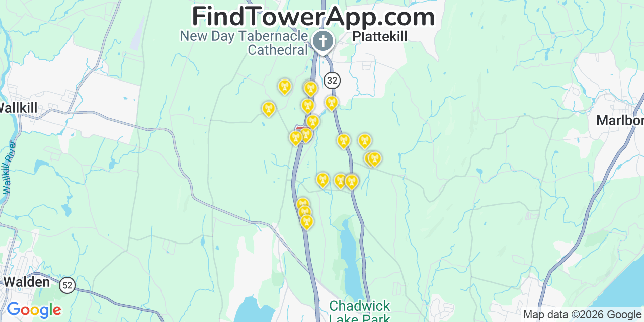 Map showing the 20 primary cell tower locations detected in Rossville, New York from AT&T, Verizon, and T-Mobile networks