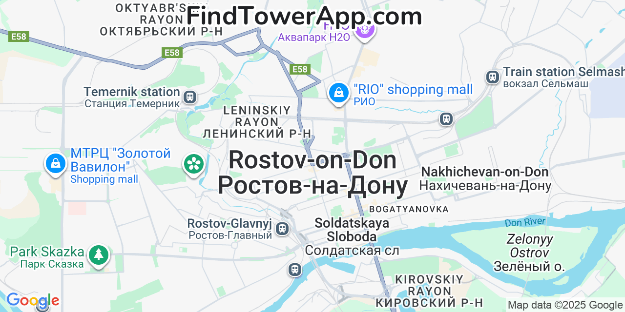 Map showing the 0 primary KTK-Telecom cell tower locations detected in Rostov On Don, Russia with coverage radius and signal strength indicators