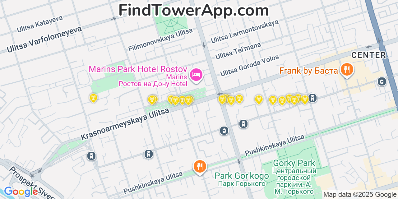 Map showing the 20 primary cell tower locations detected in Rostov On Don, Russia with coverage areas and signal strength