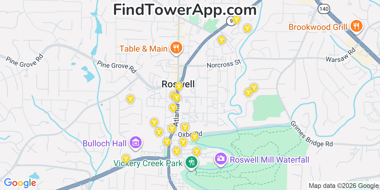 Map showing the 20 primary cell tower locations detected in Roswell, Georgia from AT&T, Verizon, and T-Mobile networks