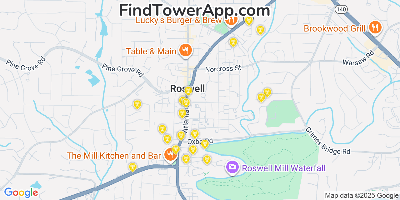 Map showing the 20 primary Mobitel cell tower locations detected in Roswell, Georgia with coverage radius and signal strength indicators