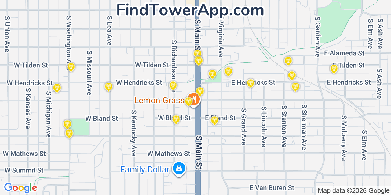 Map showing the 20 primary cell tower locations detected in Roswell, New Mexico from AT&T, Verizon, and T-Mobile networks