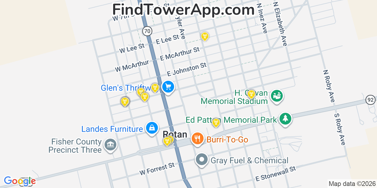 Map showing the 20 primary cell tower locations detected in Rotan, Texas from AT&T, Verizon, and T-Mobile networks