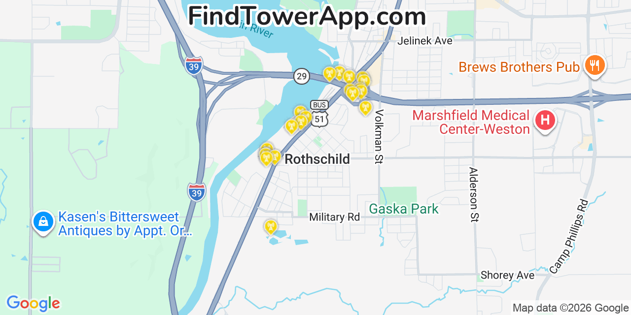 Map showing the 20 primary cell tower locations detected in Rothschild, Wisconsin from AT&T, Verizon, and T-Mobile networks