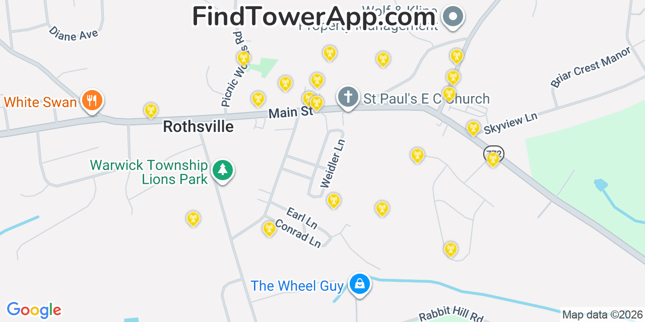 Map showing the 20 primary cell tower locations detected in Rothsville, Pennsylvania from AT&T, Verizon, and T-Mobile networks