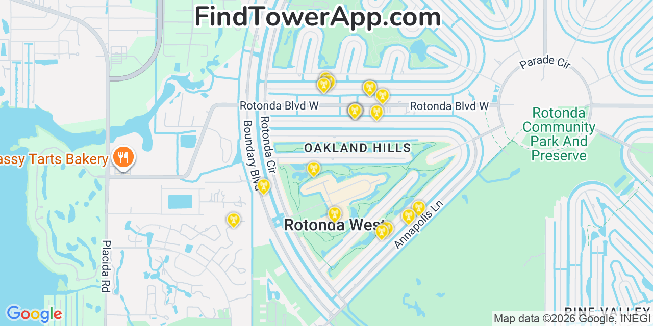 Map showing the 20 primary cell tower locations detected in Rotonda West, Florida from AT&T, Verizon, and T-Mobile networks