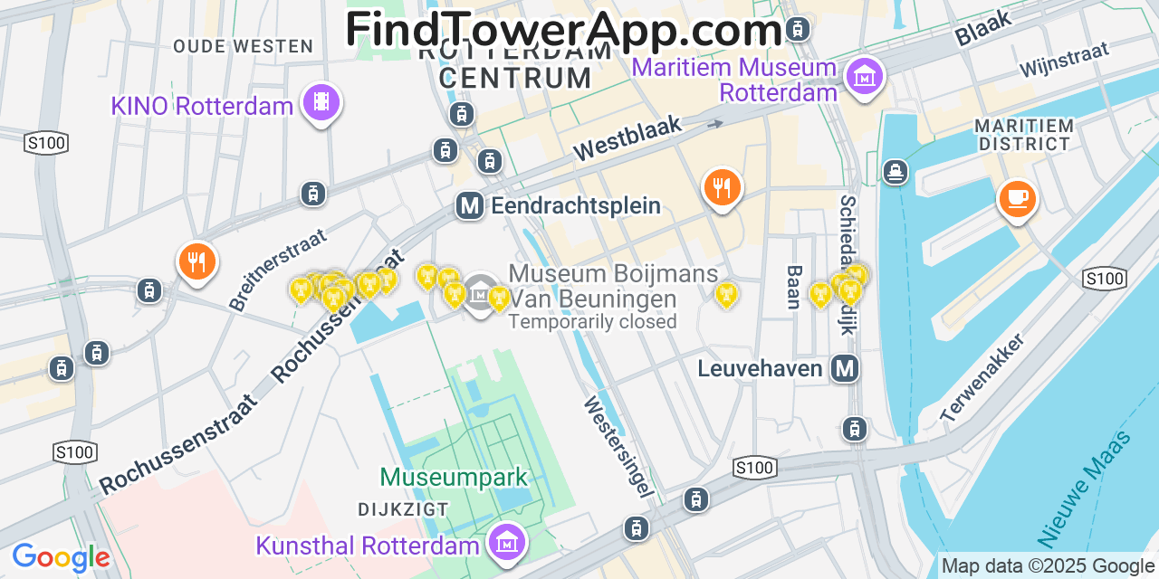 Map showing the 20 primary cell tower locations detected in Rotterdam, Netherlands with coverage areas and signal strength