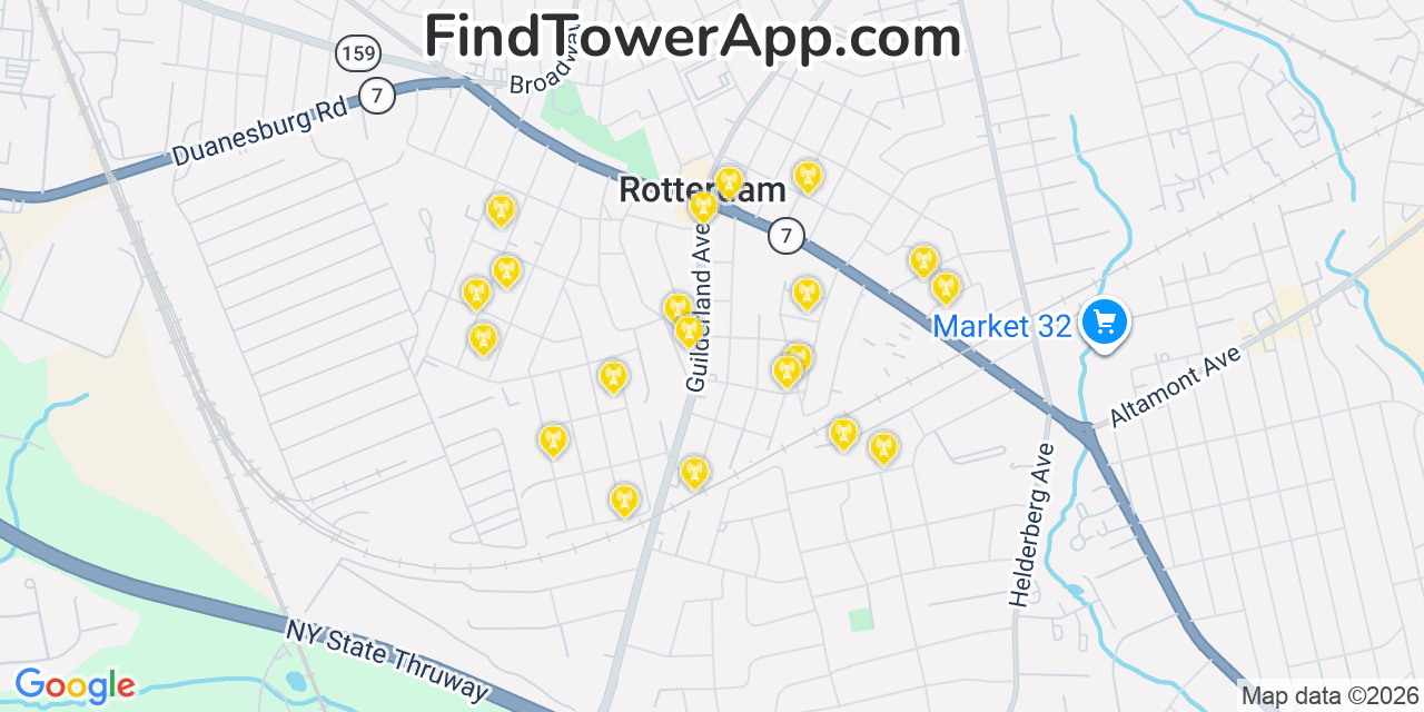 Map showing the 20 primary cell tower locations detected in Rotterdam, New York from AT&T, Verizon, and T-Mobile networks