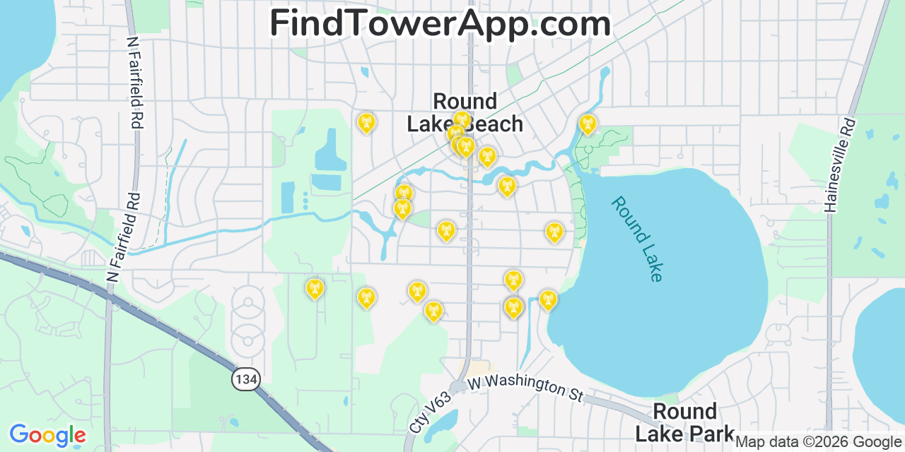 Map showing the 20 primary cell tower locations detected in Round Lake Beach, Illinois from AT&T, Verizon, and T-Mobile networks