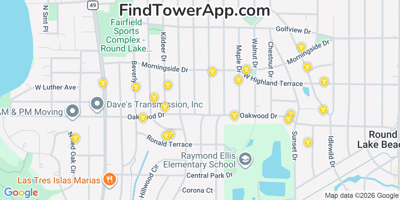 Map showing the 20 primary cell tower locations detected in Round Lake Heights, Illinois from AT&T, Verizon, and T-Mobile networks