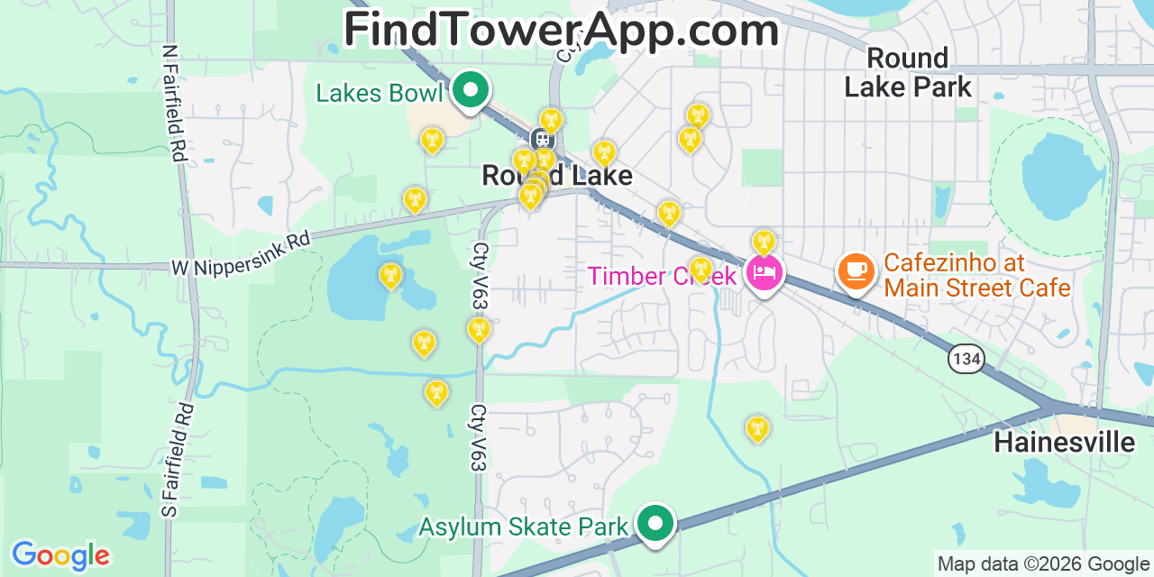 Map showing the 20 primary cell tower locations detected in Round Lake, Illinois from AT&T, Verizon, and T-Mobile networks