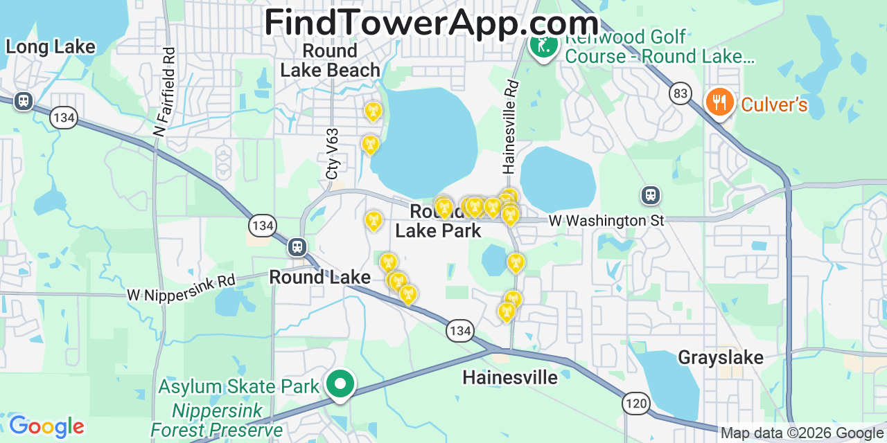 Map showing the 20 primary cell tower locations detected in Round Lake Park, Illinois from AT&T, Verizon, and T-Mobile networks
