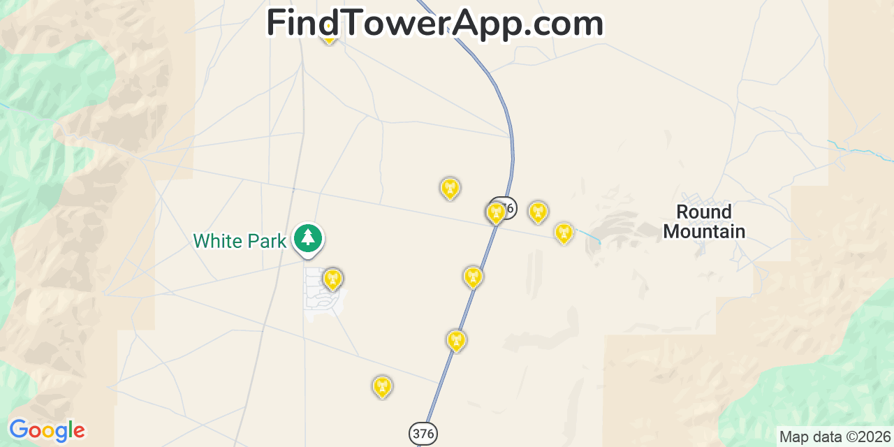 Map showing the 20 primary cell tower locations detected in Round Mountain, Nevada from AT&T, Verizon, and T-Mobile networks