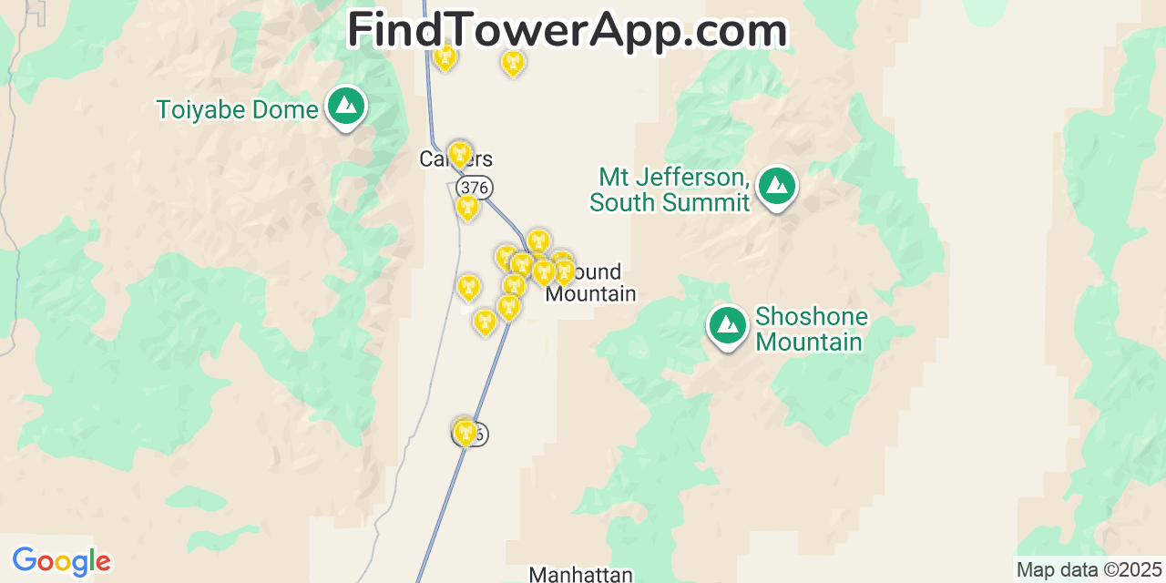 Map showing the 20 primary Verizon cell tower locations detected in Round Mountain, Nevada with coverage radius and signal strength indicators