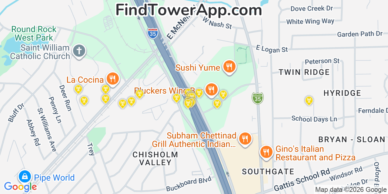 Map showing the 20 primary cell tower locations detected in Round Rock, Texas from AT&T, Verizon, and T-Mobile networks