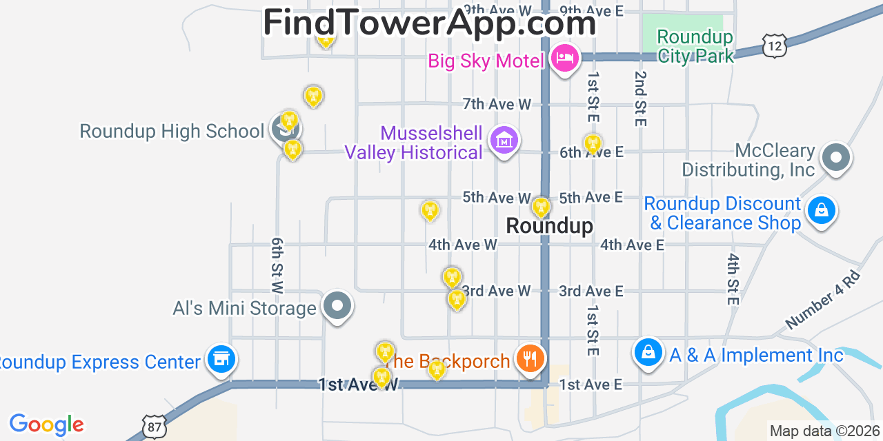Map showing the 20 primary cell tower locations detected in Roundup, Montana from AT&T, Verizon, and T-Mobile networks