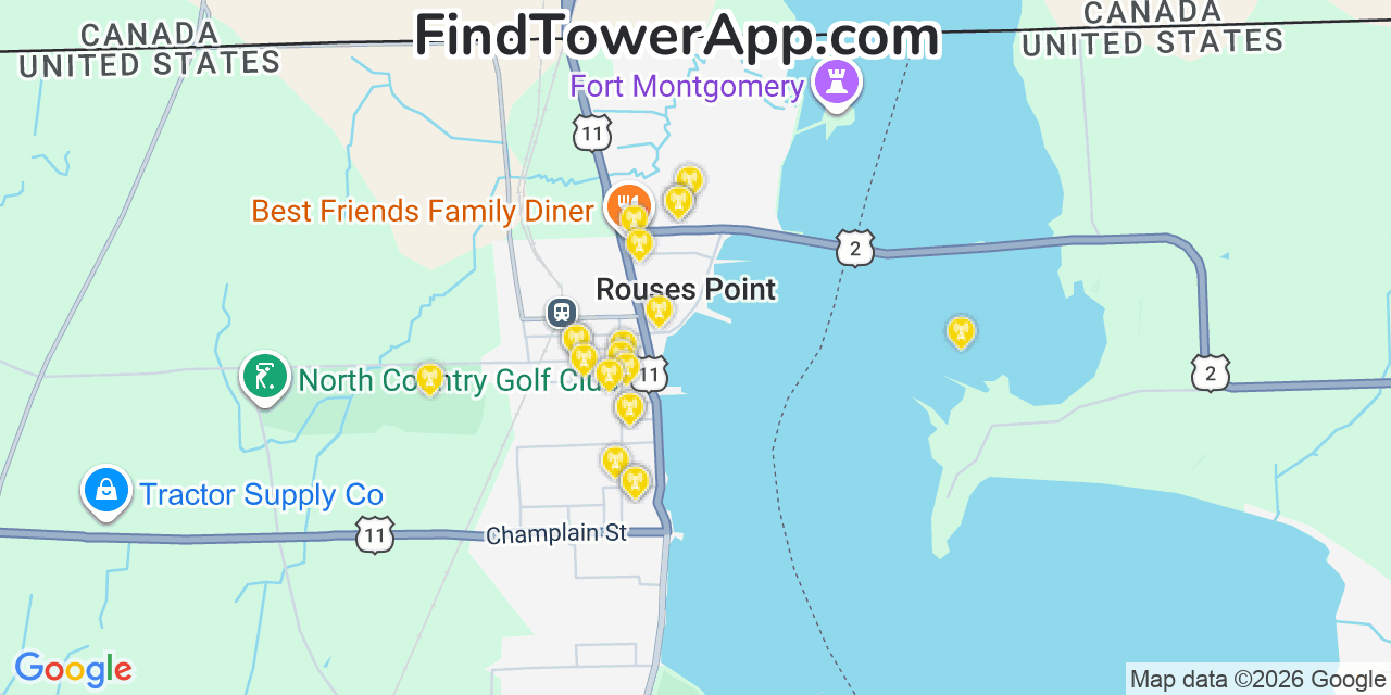 Map showing the 20 primary cell tower locations detected in Rouses Point, New York from AT&T, Verizon, and T-Mobile networks