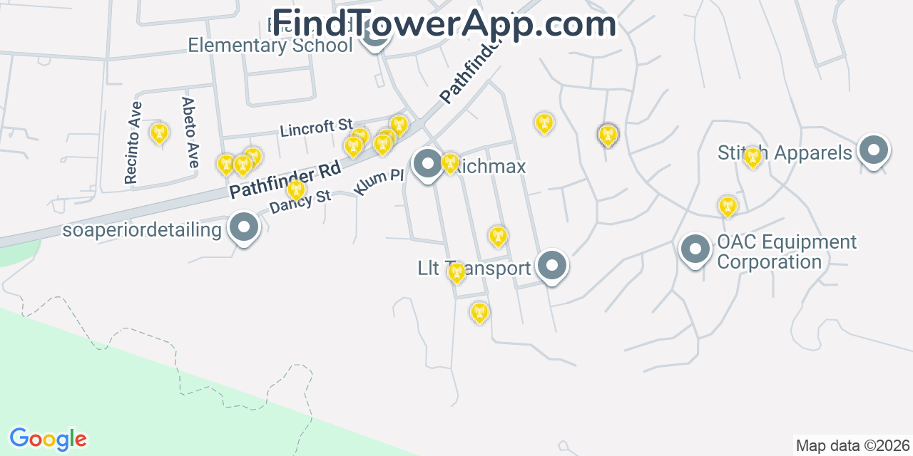 Map showing the 20 primary cell tower locations detected in Rowland Heights, California from AT&T, Verizon, and T-Mobile networks
