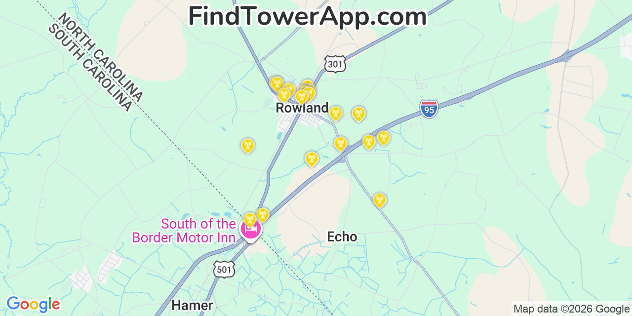 Map showing the 20 primary cell tower locations detected in Rowland, North Carolina from AT&T, Verizon, and T-Mobile networks