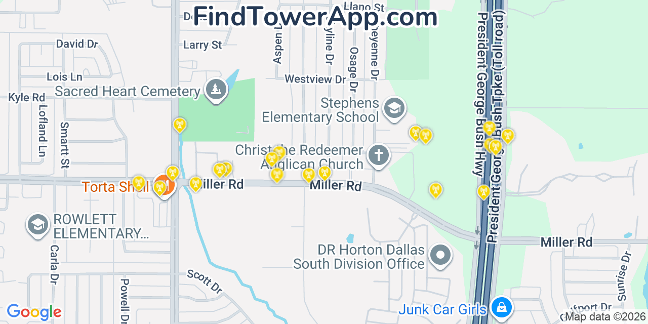 Map showing the 20 primary cell tower locations detected in Rowlett, Texas from AT&T, Verizon, and T-Mobile networks