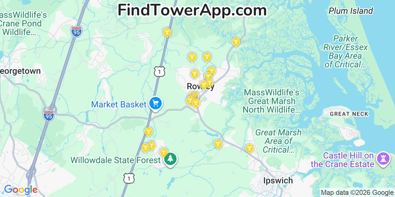 Map showing the 20 primary cell tower locations detected in Rowley, Massachusetts from AT&T, Verizon, and T-Mobile networks