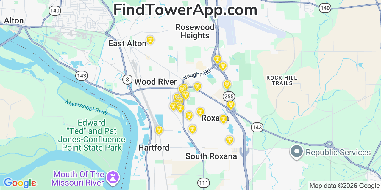 Map showing the 20 primary cell tower locations detected in Roxana, Illinois from AT&T, Verizon, and T-Mobile networks