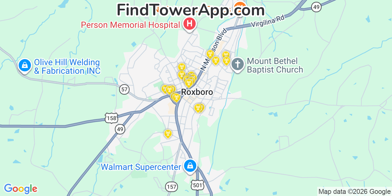 Map showing the 20 primary cell tower locations detected in Roxboro, North Carolina from AT&T, Verizon, and T-Mobile networks