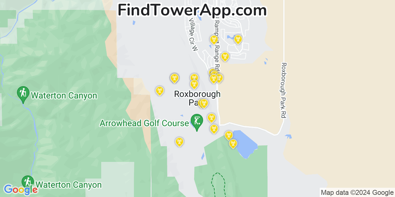 AT&T 4G/5G cell tower coverage map Roxborough Park, Colorado