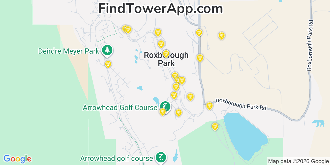 Map showing the 20 primary cell tower locations detected in Roxborough Park, Colorado from AT&T, Verizon, and T-Mobile networks