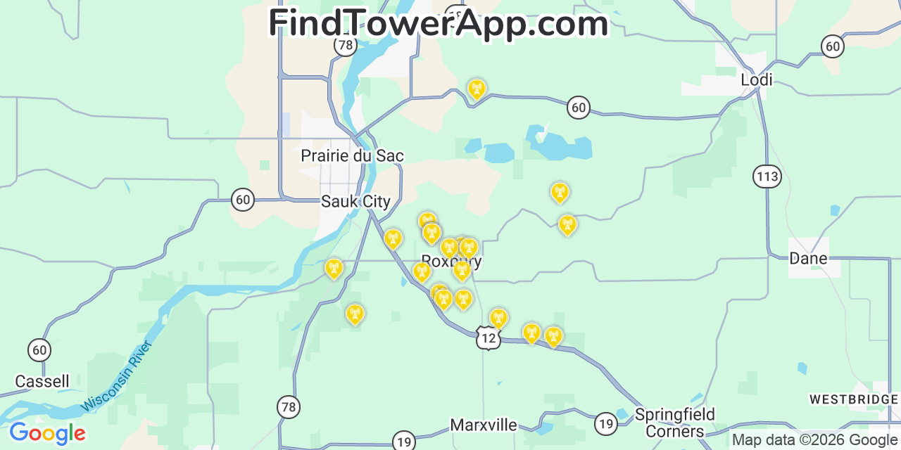 Map showing the 20 primary cell tower locations detected in Roxbury, Wisconsin from AT&T, Verizon, and T-Mobile networks