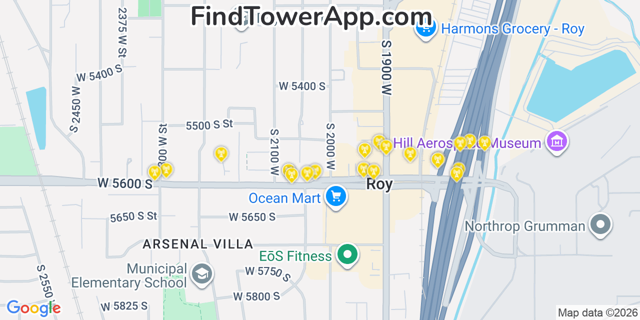 Map showing the 20 primary cell tower locations detected in Roy, Utah from AT&T, Verizon, and T-Mobile networks