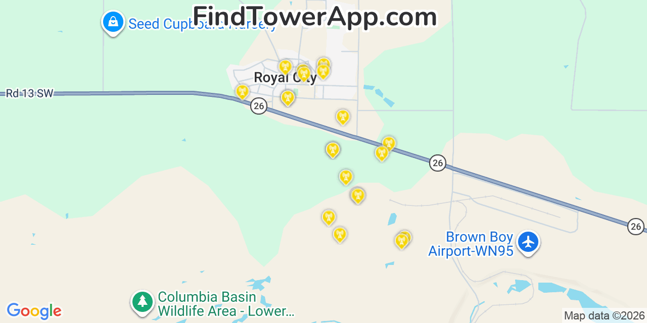 Map showing the 20 primary cell tower locations detected in Royal City, Washington from AT&T, Verizon, and T-Mobile networks